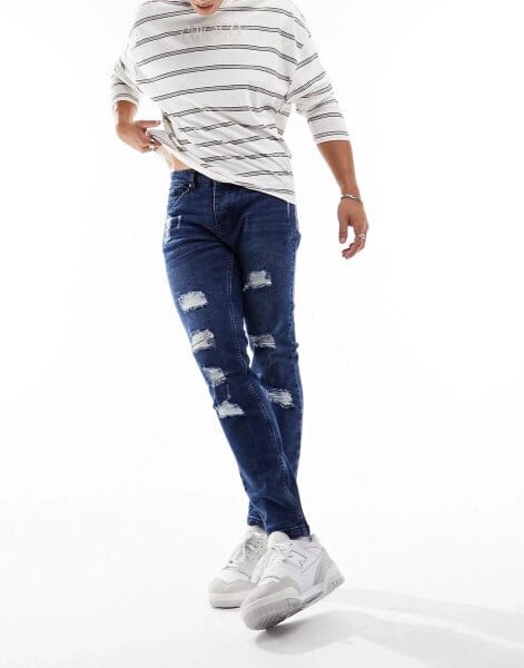 Brave Soul skinny fit multi rip jeans in mid blue