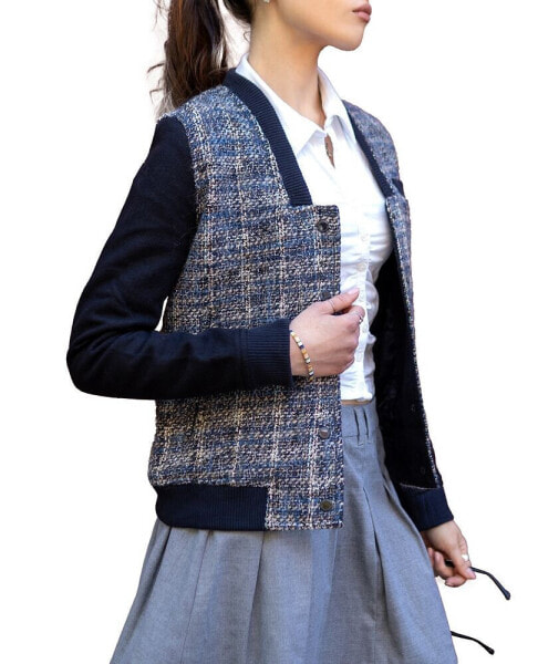 Women's Updated Tweed Varsity Jacket with Contrast Sleeve