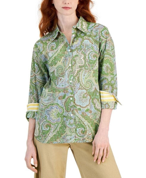 Women's Cotton Paisley-Print Buttoned-Cuff Shirt