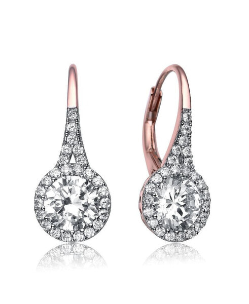 Sterling Silver Clear Round Cubic Zirconia Partially Paved and Haloed Solitaire Drop Earrings