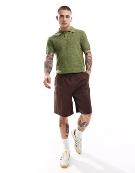 River Island textured knitted polo in green