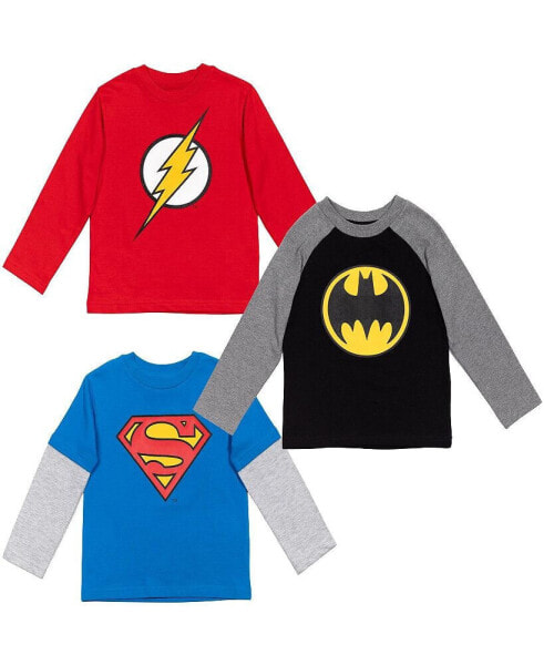 Justice League Batman Superman The Flash 3 Pack Hang down Long Sleeve T-Shirts Toddler |Child Boys