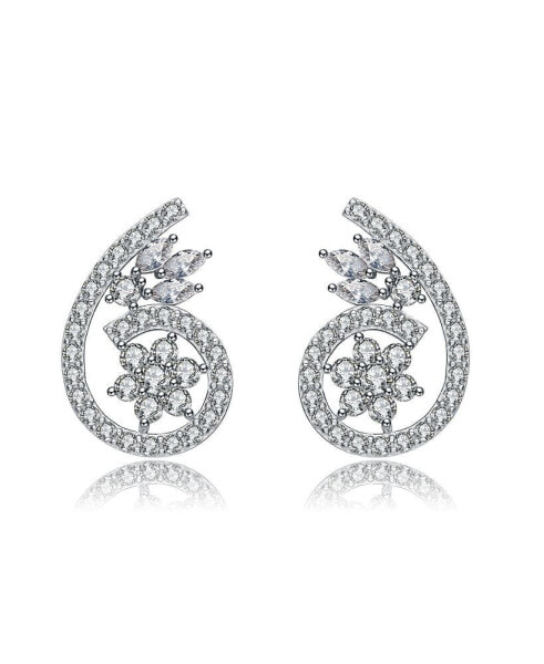 Sterling Silver White Gold Plated Cubic Zirconia Intricate Flower Design Earrings