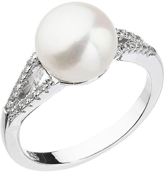 Gentle ring with white river pearl and zircons 25003.1