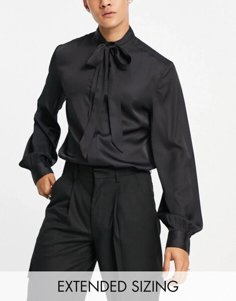 ASOS DESIGN satin shirt with tie neck and blouson volume sleeve