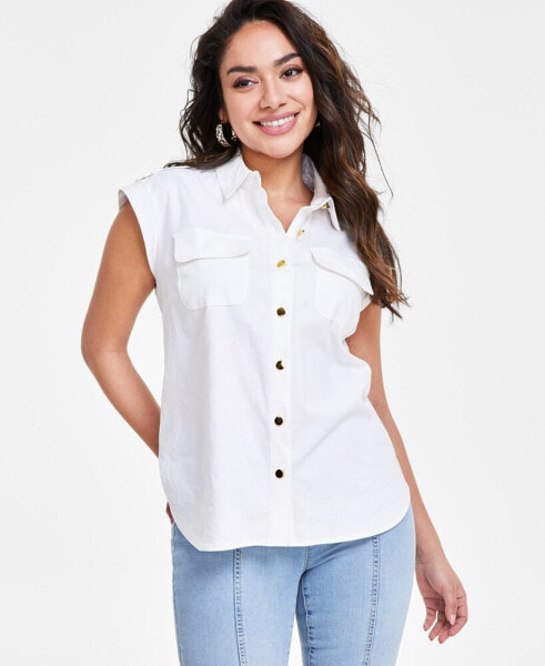 Petite Linen Sleeveless Utility Shirt, Created for Macy's