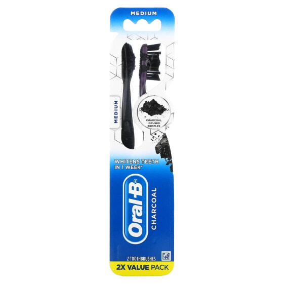 Charcoal Toothbrush, Medium, 3+ Years, 2 Toothbrushes