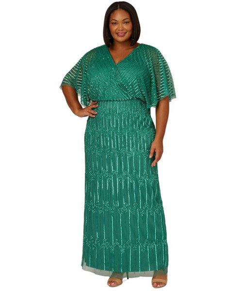 Plus Size Hand-Beaded Flutter-Sleeve Gown