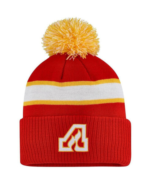 Men's Red Calgary Flames Team Classics Striped Cuffed Knit Hat with Pom