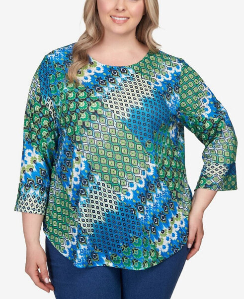 Plus Size Mixed Bohemian Geo Patchwork Top with Bell Sleeves