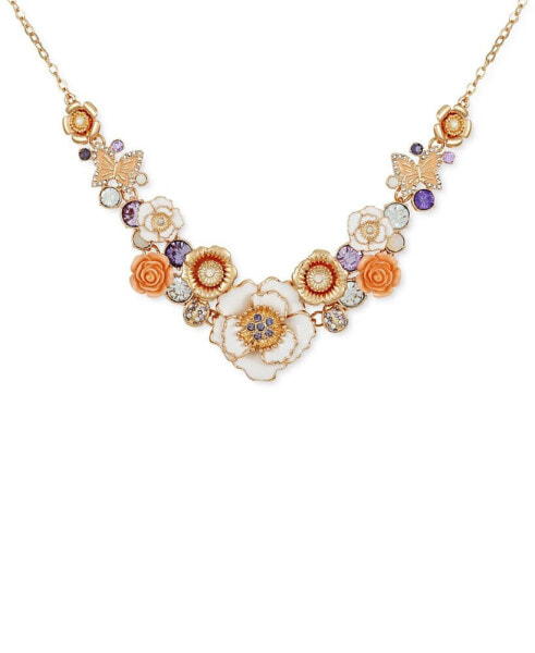 Gold-Tone Mixed Color Stone Flower Statement Necklace, 16" + 2" extender