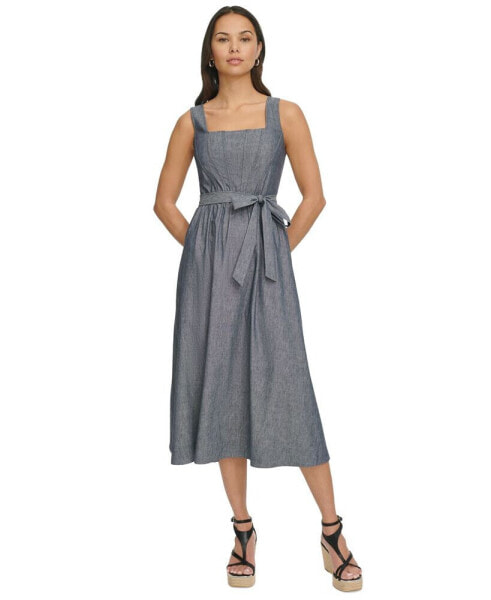 Women's Chambray Square-Neck Sleeveless Midi Dress