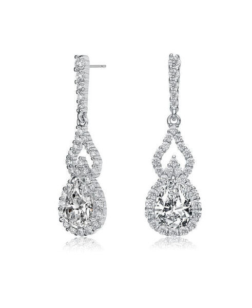 Sterling Silver with Rhodium Plated Clear Pear and Round Cubic Zirconia Halo with Open Pear Drop Earrings