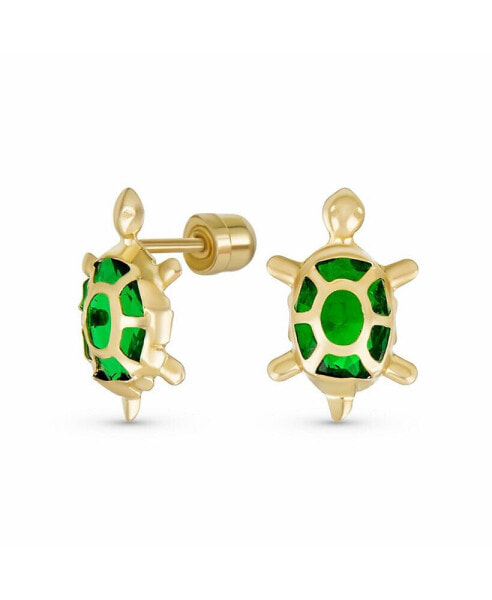 Petite Tiny Nautical Vacation CZ Green Tortoise Turtle Yellow 14K Gold Stud Earrings For Women Secure Screw back