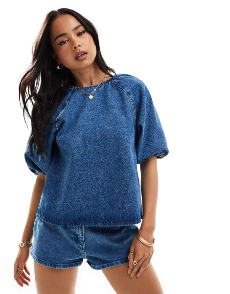 ASOS DESIGN denim raglan sleeve top in indigo