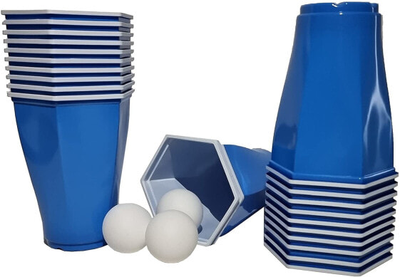 trooplex Hexagon Beer Pong Mug, 22 Red Cups with 3 Balls, 500 ml Reusable Plastic, American Beer Pong Party Set, Red Cups, 16 oz for Parties, Festivals, as a Gift or for Pre-Glow Drinking Game (Blue)