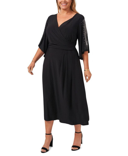Plus Size Surplice-Neck Rhinestone-Sleeve Dress