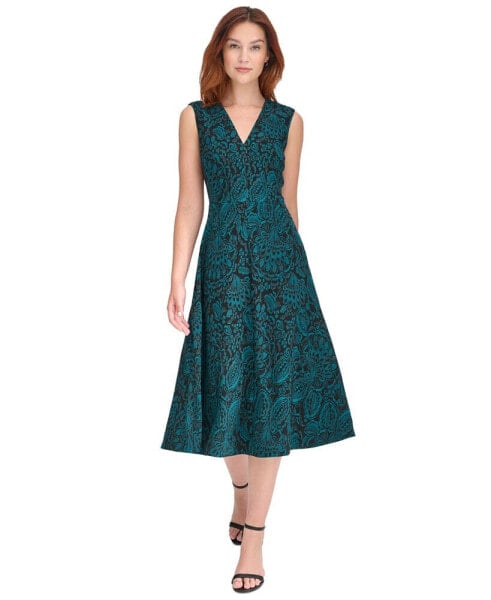 Women's Printed V-Neck Midi Dress