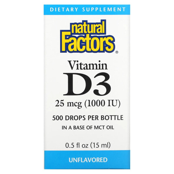 Капли витамина D3 Natural Factors, без вкуса, 25 мкг (1 000 МЕ), 0.5 жидк. унц. (15 мл)