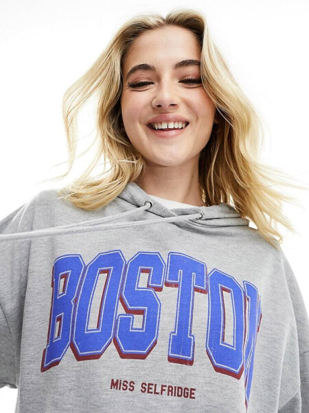 Miss Selfridge Boston graphic print hoodie in grey marl