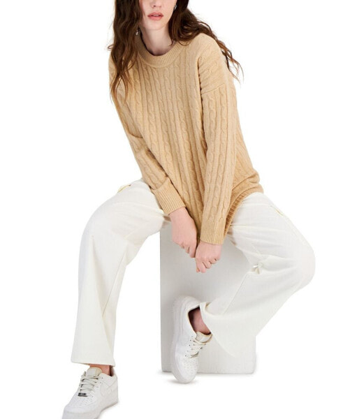 Juniors' Cable-Knit Crewneck Tunic Sweater