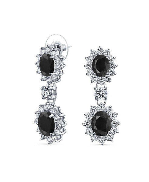 Art Deco Style Crown Halo Oval Cubic Zirconia Black CZ Fashion Formal Dangle Drop Earrings For Women For Prom smaid Rhodium Plated