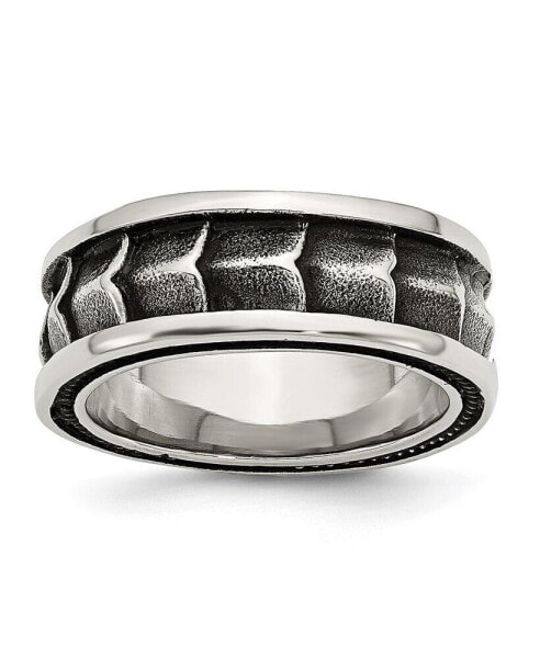 Stainless Steel Polished and Antiqued 9mm Band Ring