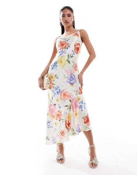 River Island floral satin midi slip dress in white