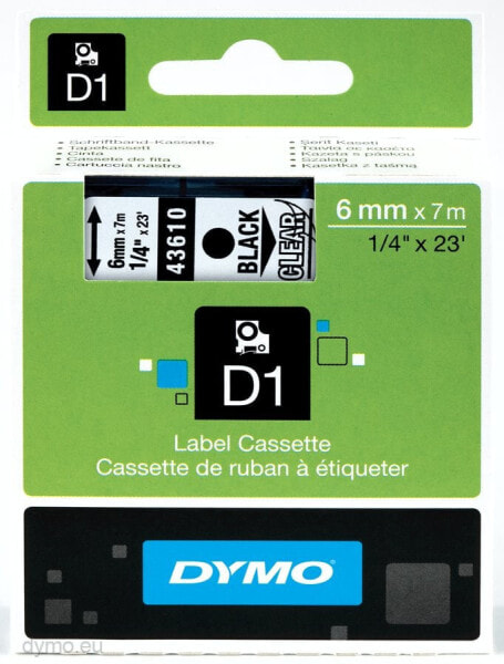 Dymo D1 Schriftband 6 mm x 7 m schwarz auf transparent 43610
