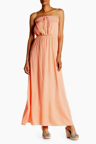 S.H.E. 158666 Women's Smocked Strapless Rayon Maxi Dress Coral Sz. XS