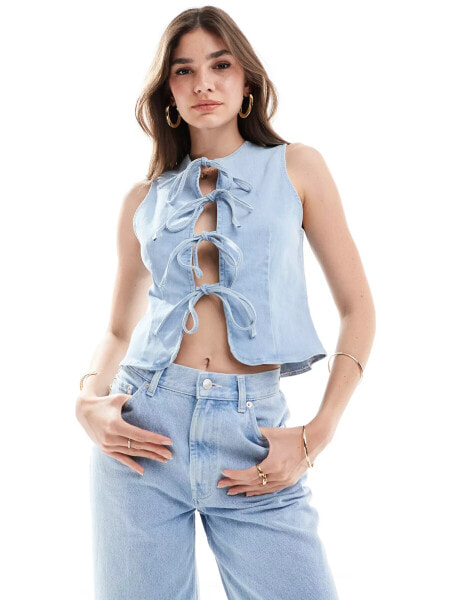 ASOS DESIGN denim tie front top in bleach