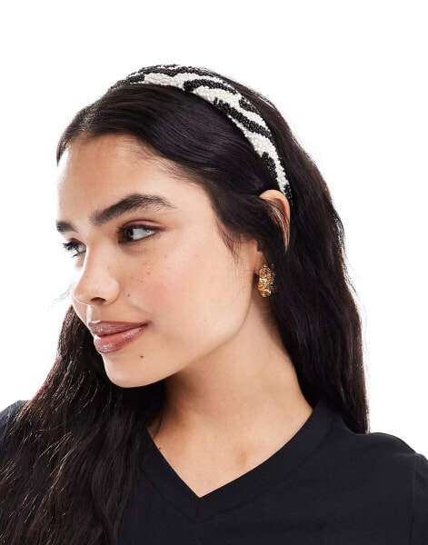 Accessorize beaded zebra headband in black/white