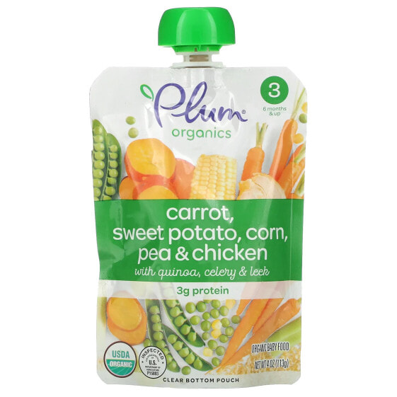 Plum Organics, органическое детское питание, этап 3, морковь, батат, кукуруза, горох, курица с киноа, сельдереем и луком-пореем, 113 г (4 унции)
