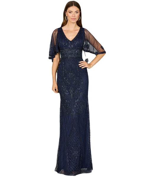 Women's Cape Sleeve V-Neck Beaded Gown