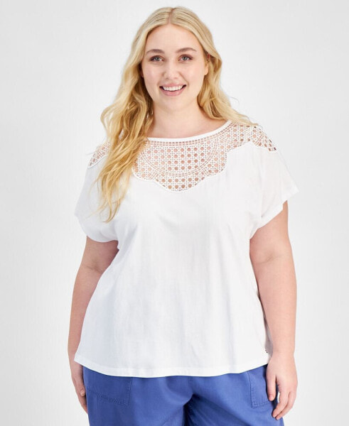 Plus Size Lace-Bib Extended-Sleeve Top