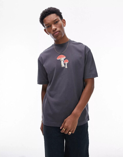 Topman premium oversized fit t-shirt with painted mushroom print in charcoal