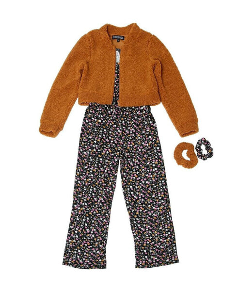 Big Girls Sherpa Jacket, Jumpsuit and Scrunchies Set