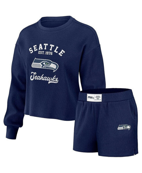 Women's Navy Distressed Seattle Seahawks Waffle Knit Long Sleeve T-shirt and Shorts Lounge Set