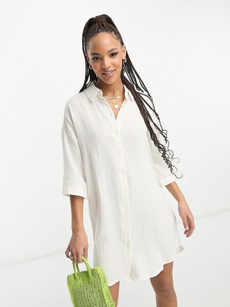 Vero Moda textured oversized shirt dress in white