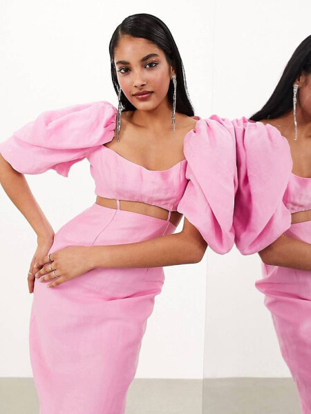 ASOS EDITION washed puff sleeve midaxi dress with cut out waist detail in pink