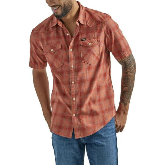 Wrangler Shirt Small Men's Redwood Short Sleeve Fashion Woven Regular Fit Plaid