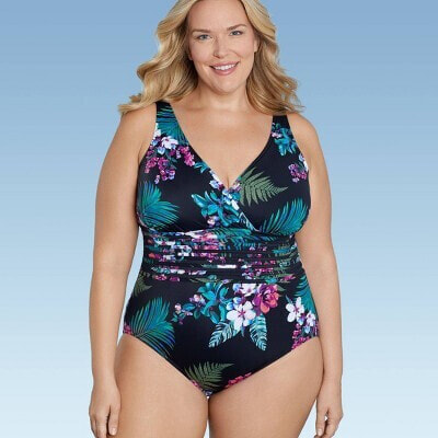 Women's UPF 50 Waist Detail Over the Shoulder One Piece Swimsuit - Aqua Green