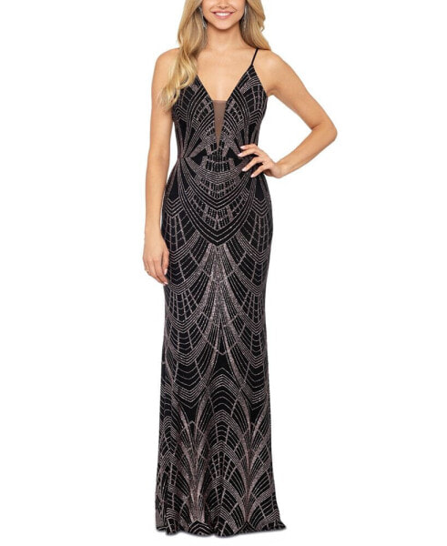 Women's Plunge-Neck Mesh-Inset Glitter-Print Gown