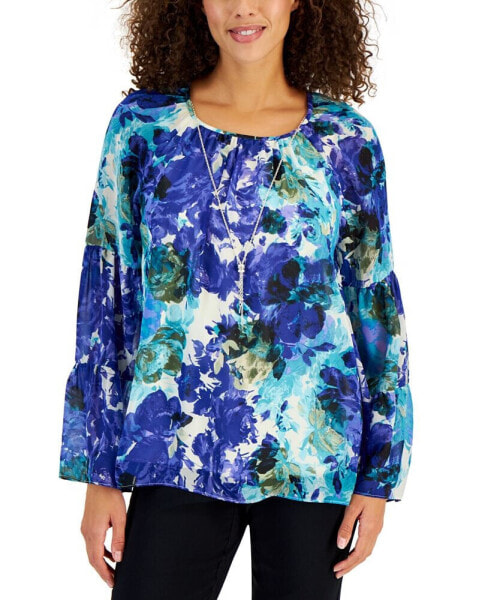 Claudette Rose-Print Tiered-Sleeve Necklace Top, Created for Macy's