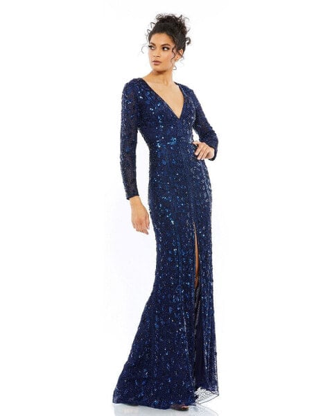 Women's Embellished Long Sleeve V Neck Gown