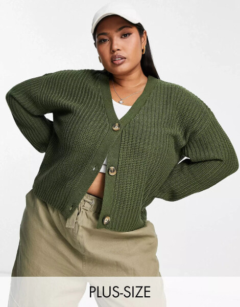 Brave Soul Plus daisy fisherman knit cardigan in forest green