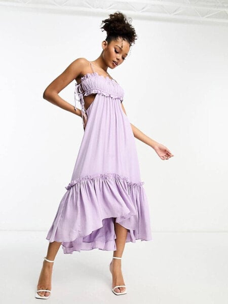 ASOS DESIGN ruched bust satin midi dress with tie detail and cut out in lilac