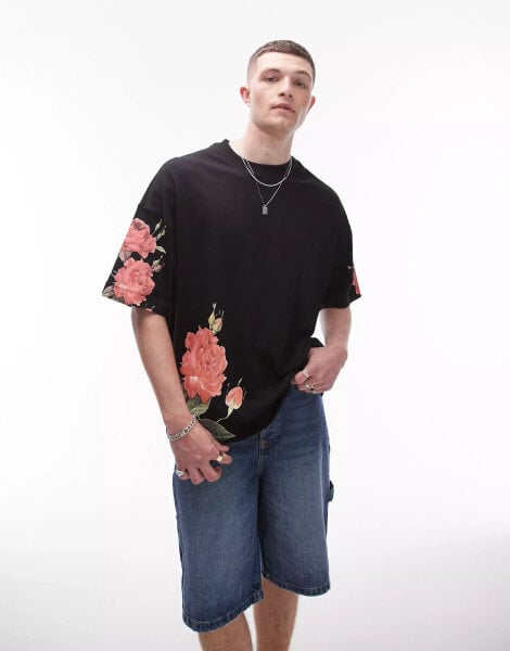 Topman premium extreme oversized fit t-shirt with floral embroidery print in black