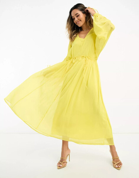 Never Fully Dressed balloon sleeve tie maxi dress in yellow