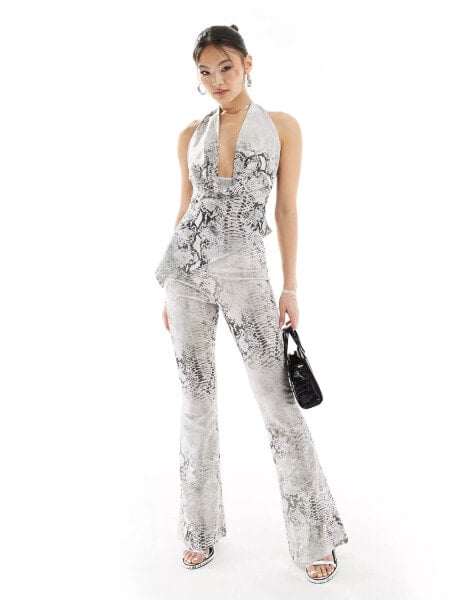 Murci sheer mesh flared trousers co-ord in grey snake